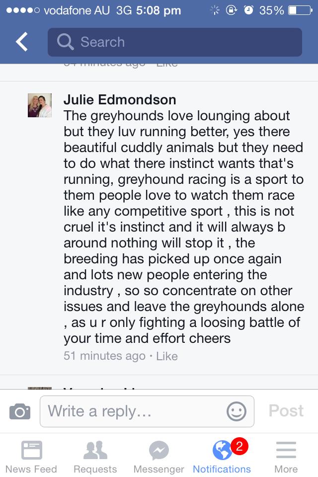 Julie Edmondson's Comment on Animal Liberation QLD's Facebook page