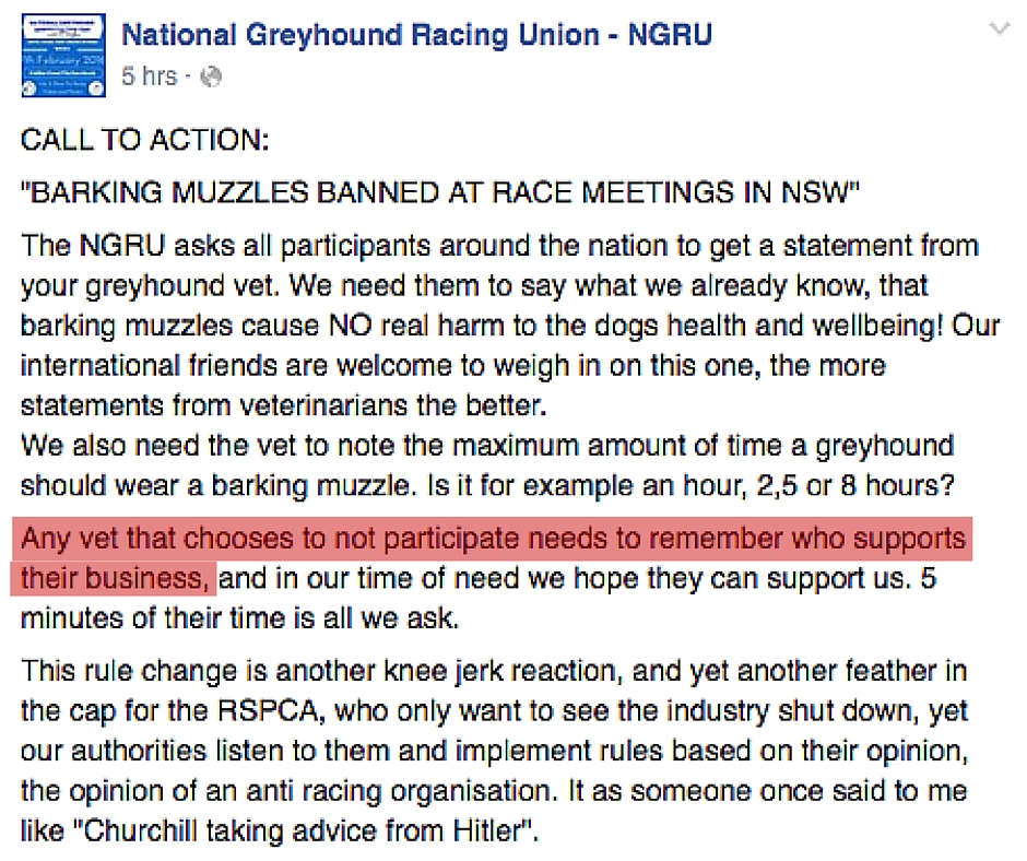 Grassroots industry group National Greyhound Racing Union asks followers to blackmail vets into approving barking muzzles