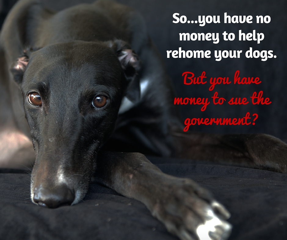 Greyhound racing: where people have no money to feed or help rehome their dogs, but have plenty of cash to sue the government.